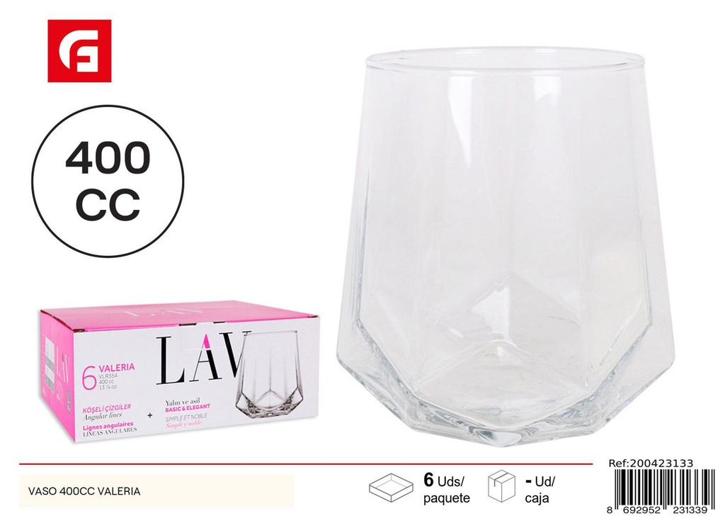 Vaso de vidrio 400 cc Valeria - Vasos de vidrio y cristalería
