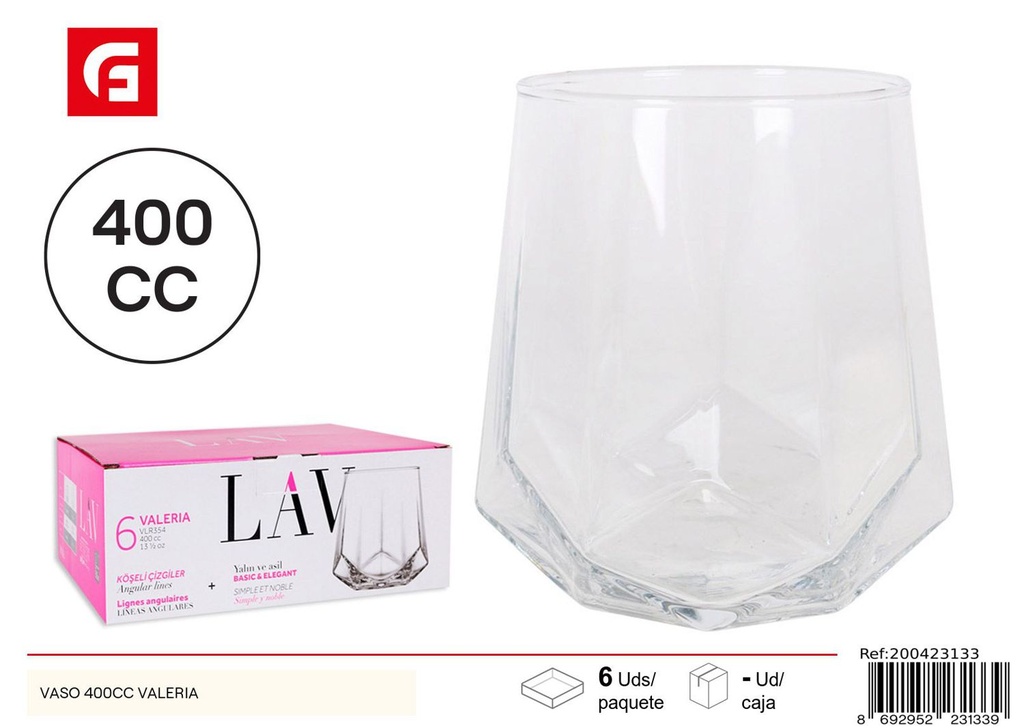 Vaso de vidrio Valeria 400cc para cocina y vajilla