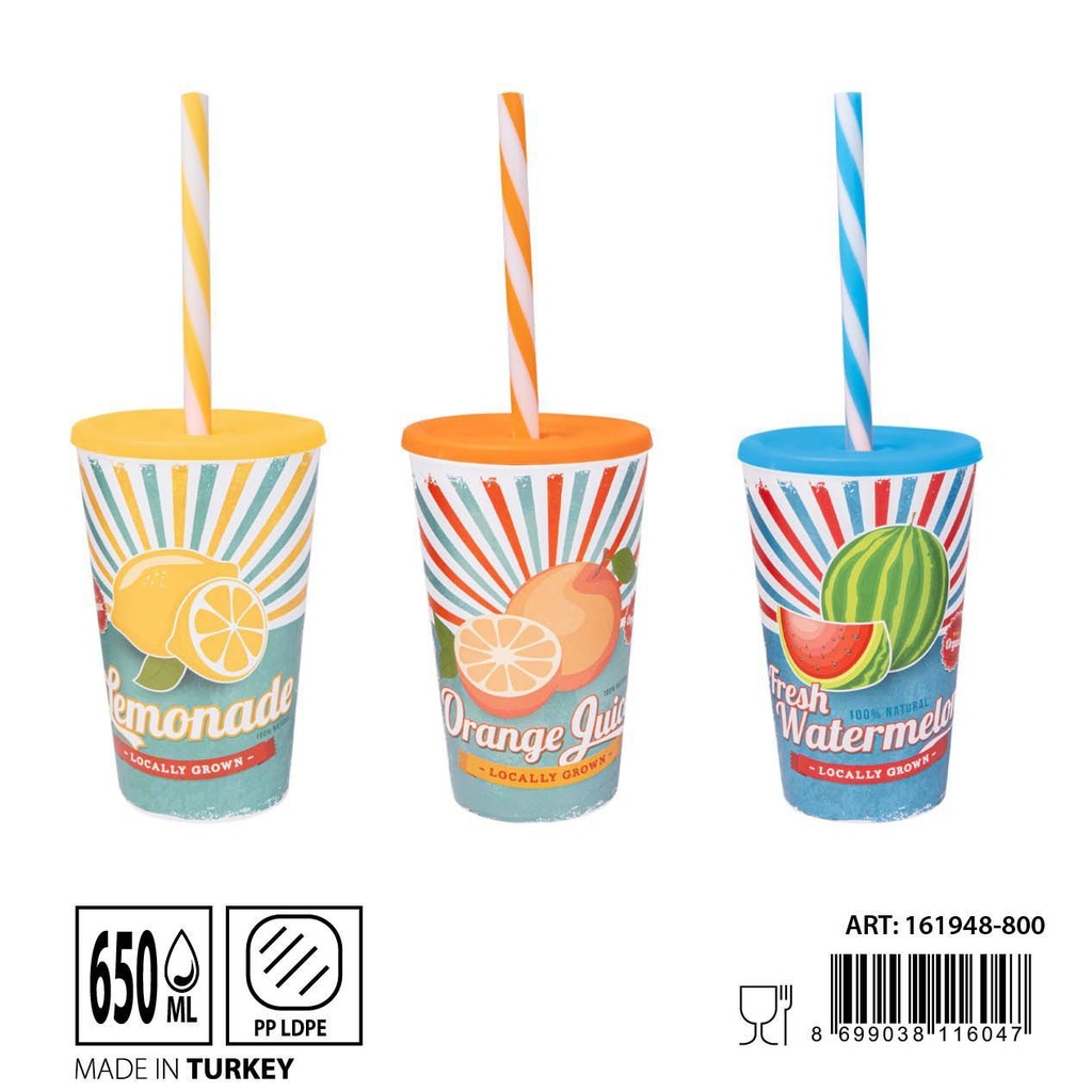 Vaso plástico con pajita 650ML - Vasos de colores
