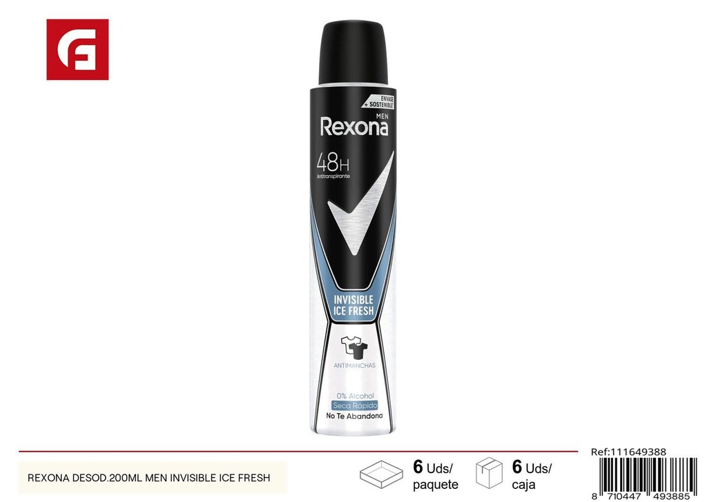 Desodorante Rexona Men Invisible Ice Fresh 200ml para higiene personal