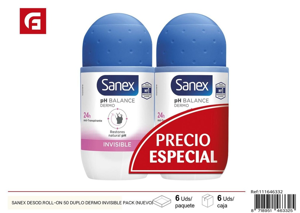 Desodorante roll-on Sanex Dermo Invisible 50ml duplo