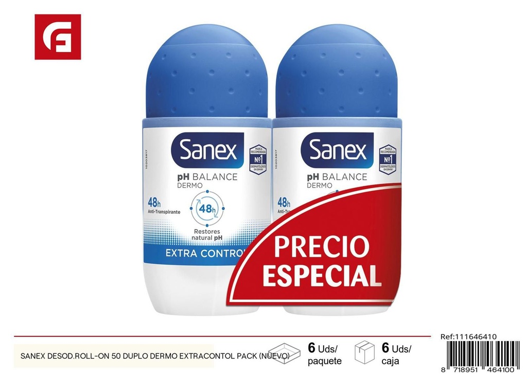 Sanex desodorante roll-on 50ml pack doble Dermo Extracontrol para higiene personal