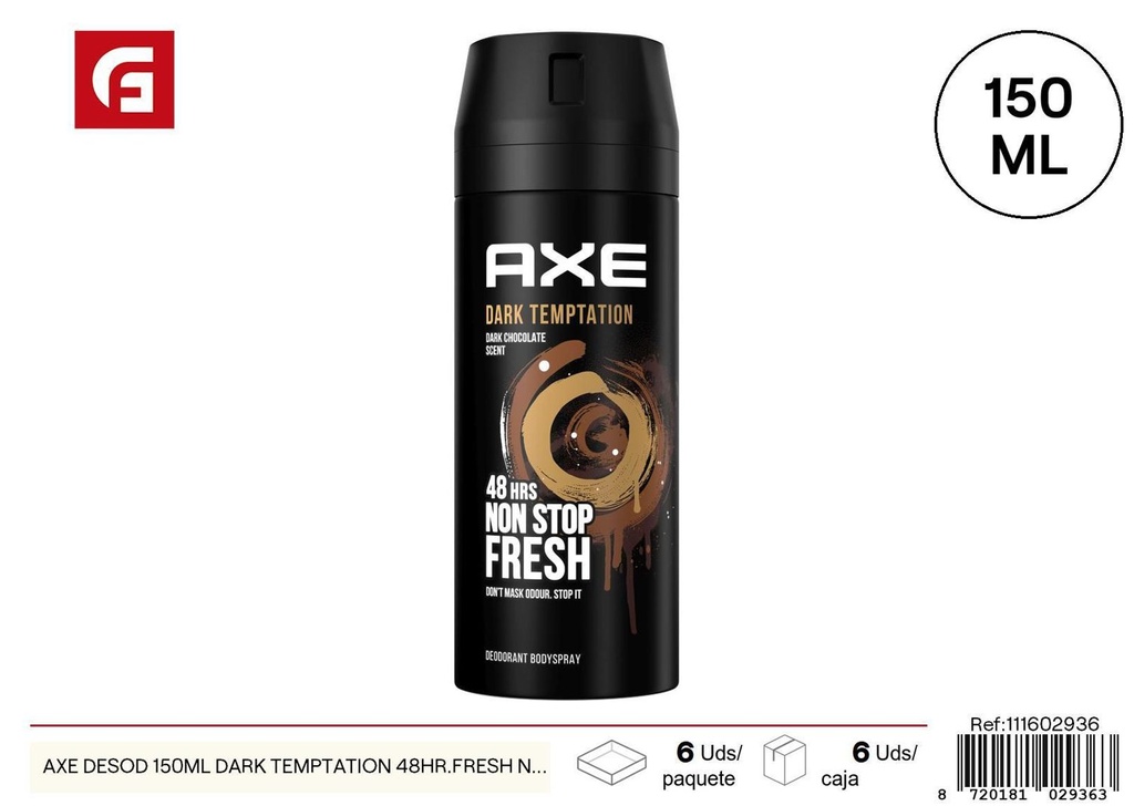 Desodorante 150ml Dark Temptation 48hr Fresh Axe para cuidado personal