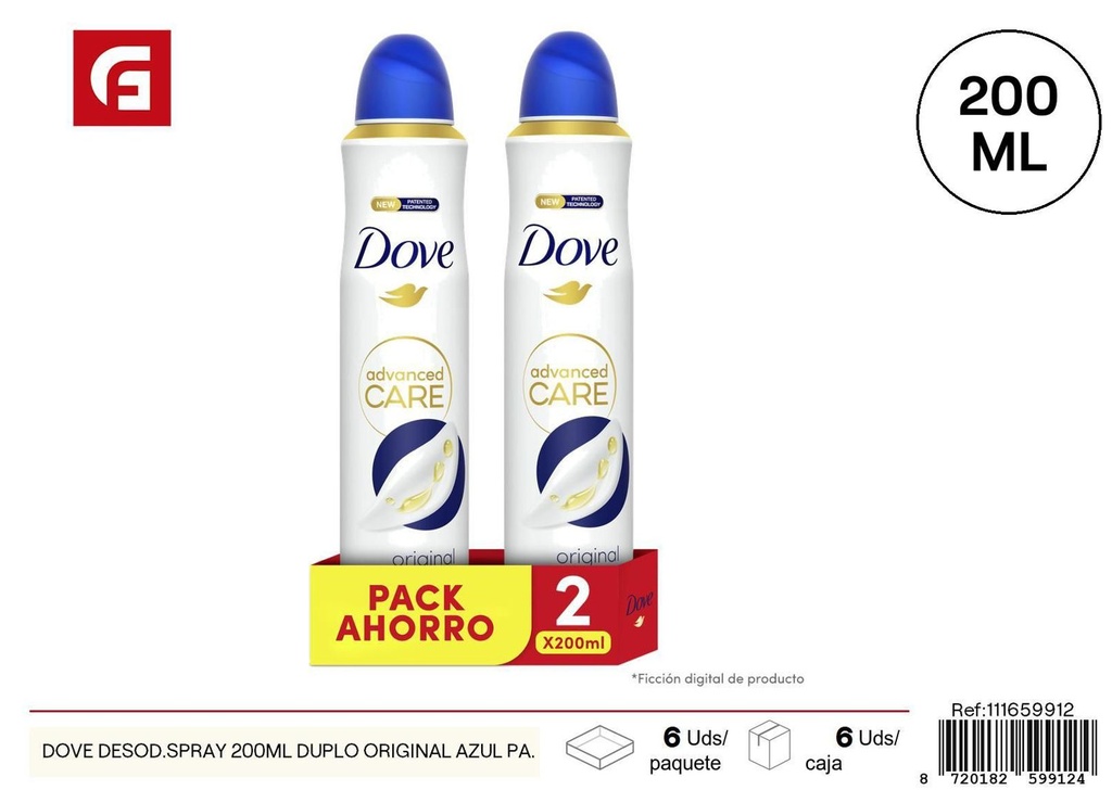 Desodorante en spray Dove 200ml dúo original azul pack ahorro