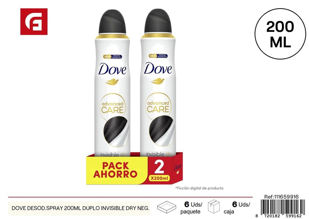 Desodorante Dove spray 200ml duplo invisible dry negro