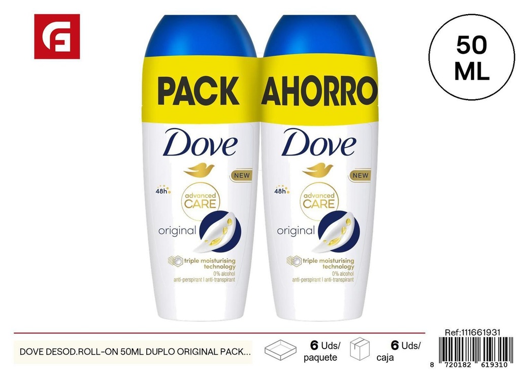 Desodorante roll-on Dove 50ml dúo original pack ahorro