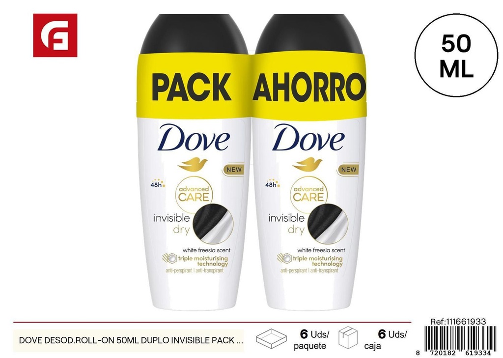 Dove desodorante roll-on 50ml duplo invisible pack ahorro para higiene personal