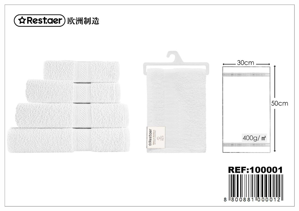 Toalla 30x50cm blanco 400g para baño