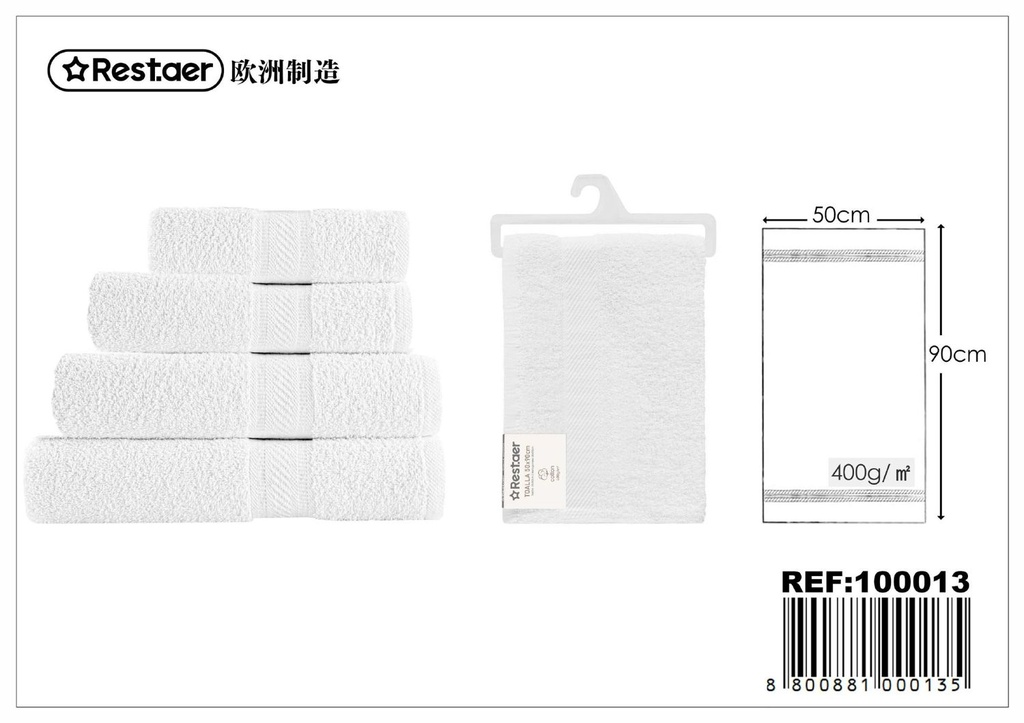 Toalla 50x90cm 400g blanca para baño