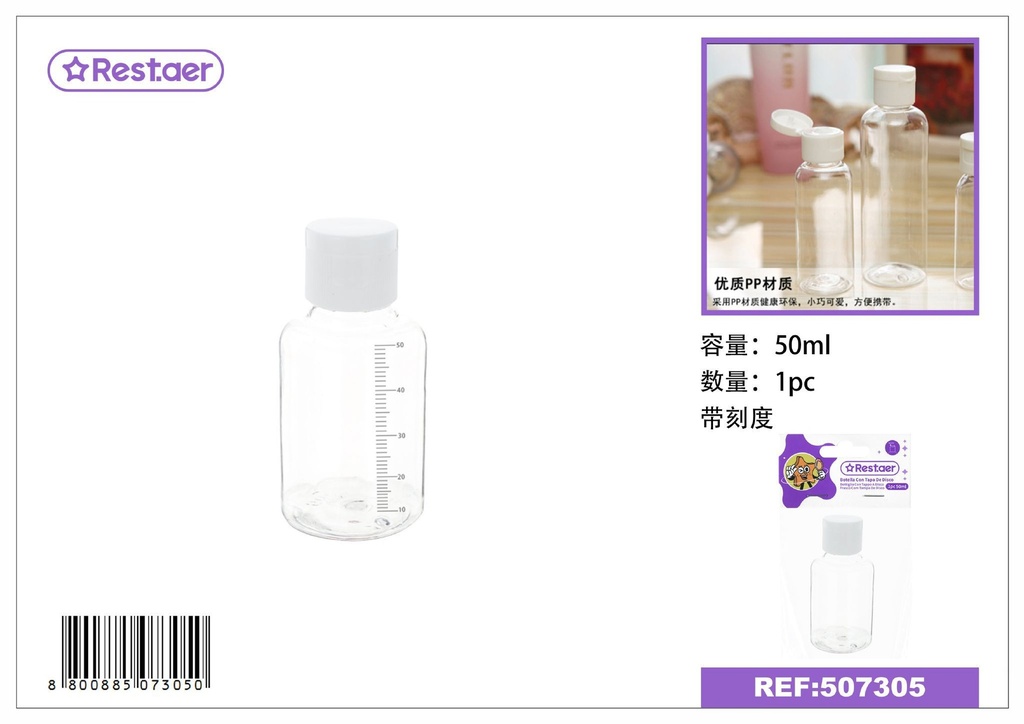 Botella con tapa graduada 50 ml - Envases para viajes