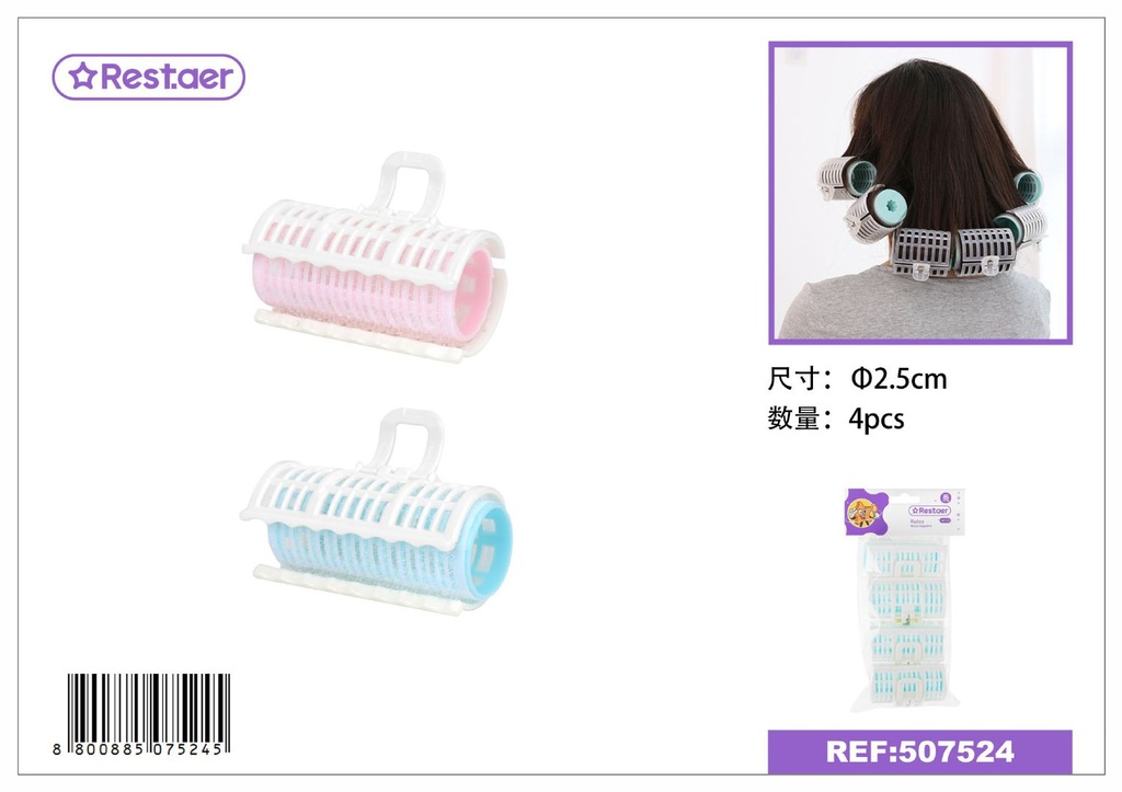 Rulos para el cabello 2.5cm 4 piezas con pinzas de nylon 