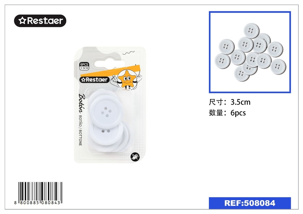 Botones blancos 3.5 cm en 6 piezas - Accesorios de mercería