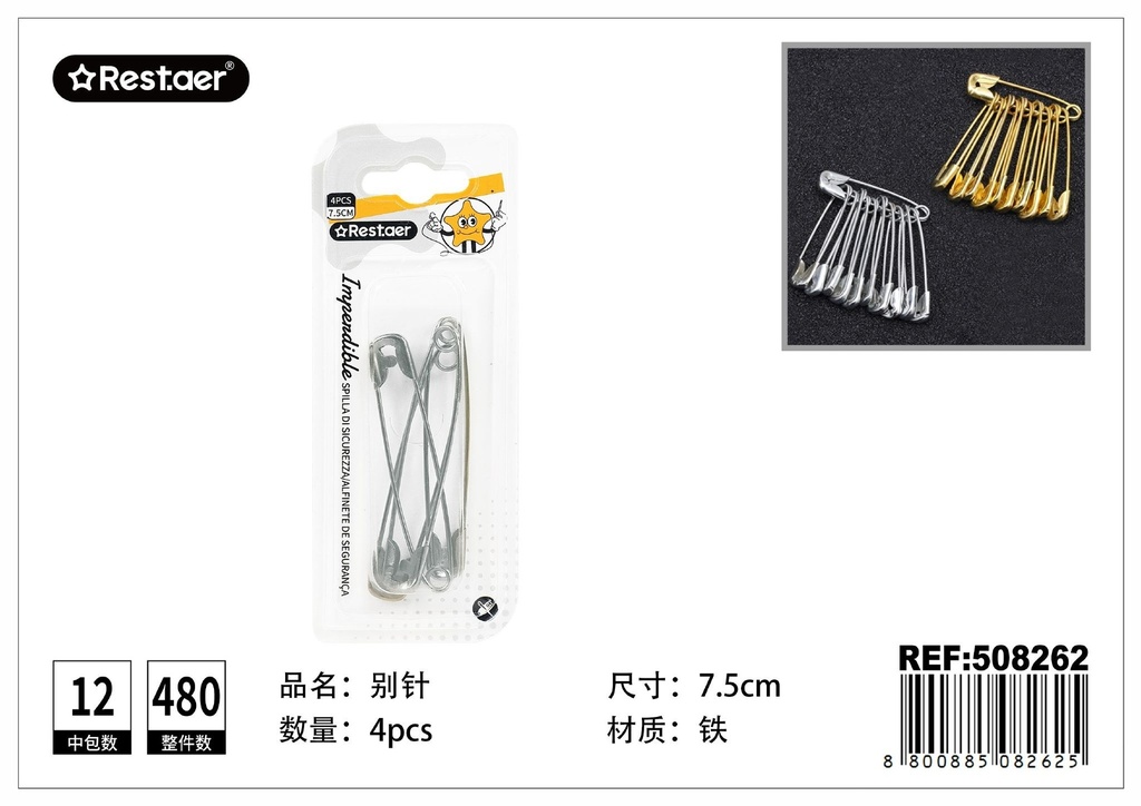 Imperdible plateado 4 pcs*7.5 cm - Accesorios de costura