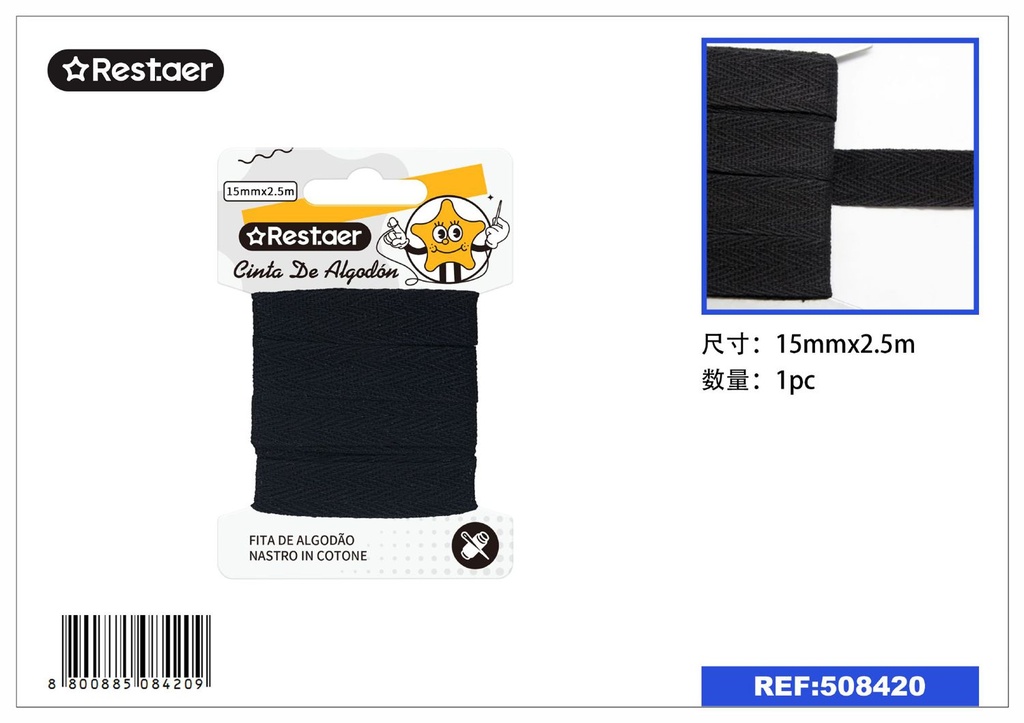 Cinta de algodón negra 20mm*2m - Accesorios de costura