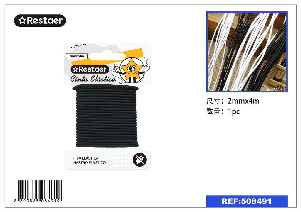 Elástico negro redondo 2mm x 4m para costura y manualidades