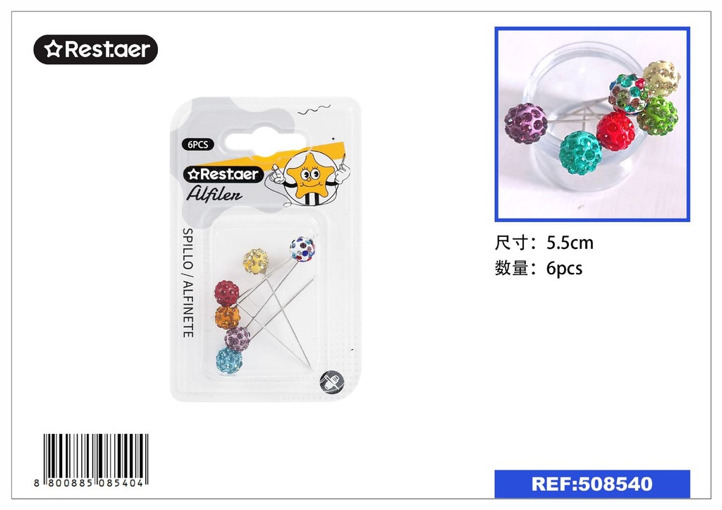 Alfileres con cabeza de diamante 6pcs 5.5cm multicolor para costura