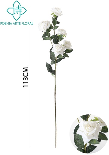 [631144BLANCO] Rama de 5 cabezas de rosa antigua 113cm para decoración del hogar