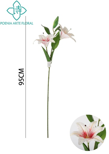 [631304白粉心] Rama de lirio 3D 3 cabezas 95cm blanco con centro rosa para decoración