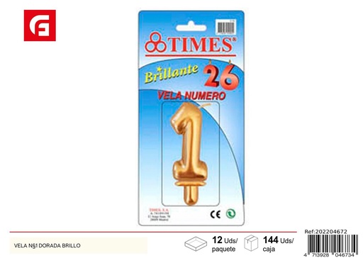[202204672] Vela nº1 dorada brillante - Velas de cumpleaños