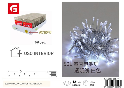 [138230147] 50 luces LED de guirnalda blanco con pilas 3AA longitud 5 metros con parpadeo para decoración navideña