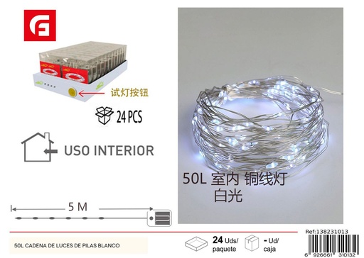 [138231013] 50 LEDs cadena de luces de pilas blanco para decoración navideña