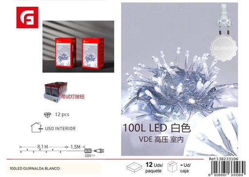 [138233106] Guirnalda de luces LED blancas 100L transparente para decoración navideña