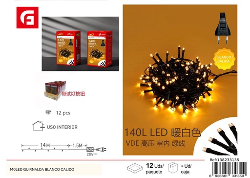 [138233135] Guirnalda 140 LED blanco cálido para luces navideñas y decoración