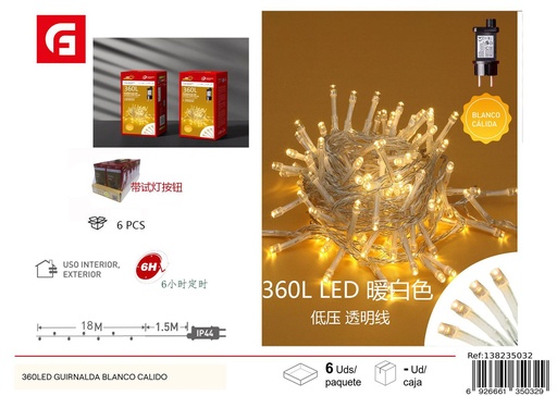 [138235032] Guirnalda LED blanco cálido 360L para decoración navideña