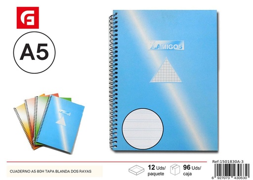 [1501830A-3] Cuaderno A5 80h tapa blanda dos rayas - Papelería