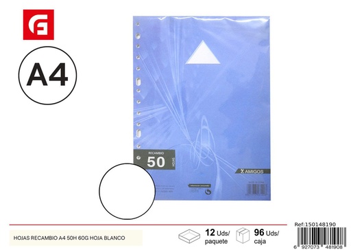 [150148190] Hojas recambio A4 50H 60g hoja blanca - Material escolar y hojas de repuesto