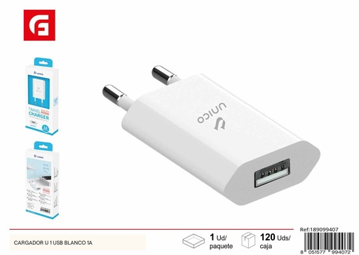 [189099407] Cargador USB blanco 1A para dispositivos electrónicos