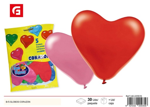 [16120935] Bolsa de 5 globos en forma de corazón - Decoración para eventos