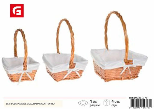 [190361775] Set de 3 cestas cuadradas miel con forro - Decoración del hogar
