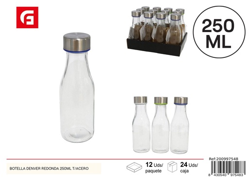 [200997548] Botella de vidrio redonda Denver 250ml con tapa de acero - Envases y botellas de almacenamiento