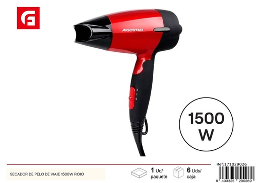 [171029026] Secador de pelo de viaje 1500W rojo para viajes y hogar