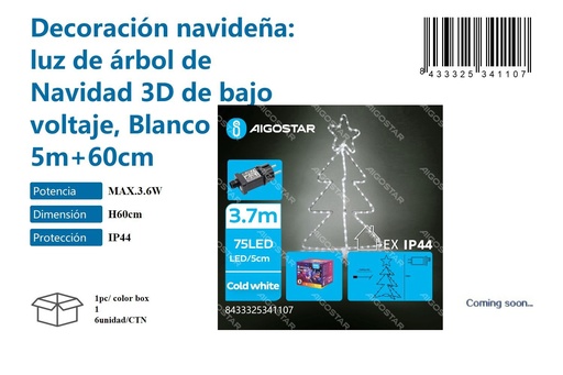 [171034110] Árbol de Navidad 3D 60cm blanco frío para decoración navideña