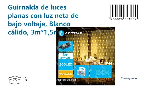 [171038168] Guirnalda de luces planas con luz neta blanco cálido 3m*1,5m para Navidad