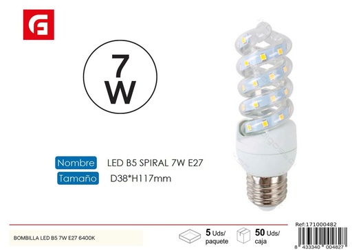 [171000482] Bombilla LED espiral E27 7W 6500K - Iluminación LED