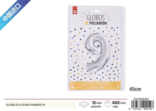 [6200252] Globo plateado número 9 para fiestas y celebraciones