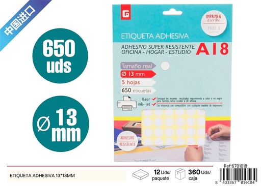 [6701018] Etiqueta adhesiva 13*13mm - Material de oficina