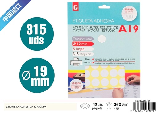 [6701019] Etiqueta adhesiva 19*39mm - Material de oficina