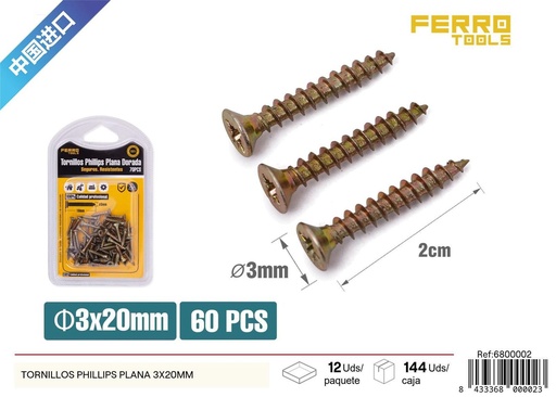 [6800002] Tornillos Phillips planos 3x20mm zincado para carpintería