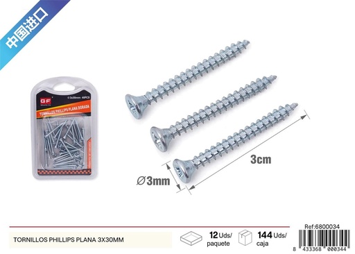 [6800034] Tornillos Phillips plana 3x30mm (zinc azul y blanco) - Accesorios de ferretería