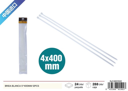 [6801502] Brida blanca 5x400mm 12pcs para sujeción en ferretería