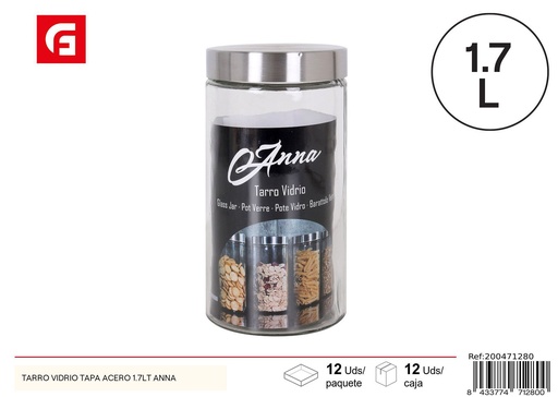 [200471280] Tarro de vidrio con tapa de acero 1.7lt Anna - Vidrio y cerámica