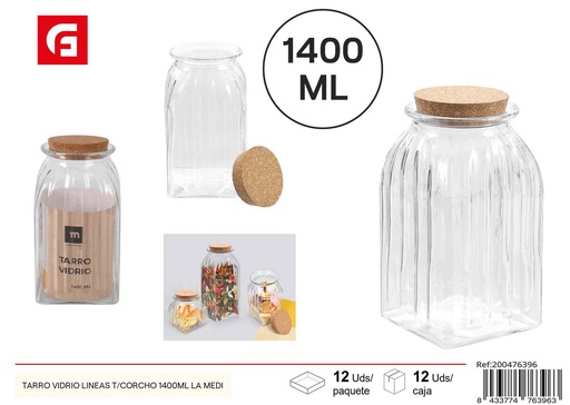 [200476396] Tarro de vidrio con líneas y tapa de corcho 1400ml para cocina