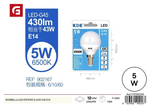 [170390216] Bombilla LED esférica G45 5W E14 - Iluminación LED