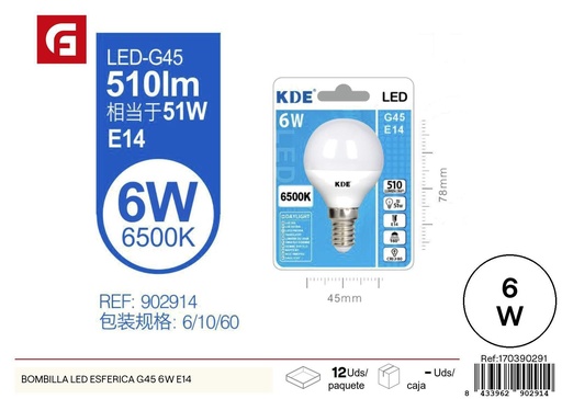 [170390291] Bombilla LED esférica G45 6W E14 - Iluminación y eficiencia energética