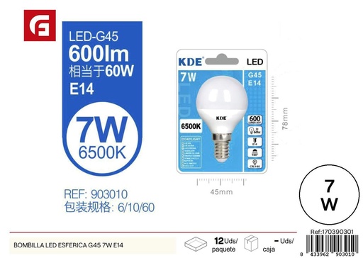 [170390301] Bombilla LED esférica G45 7W E14 para iluminación