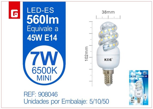 [170390804] Bombilla LED espiral mini 7W E14 luz fría para iluminación